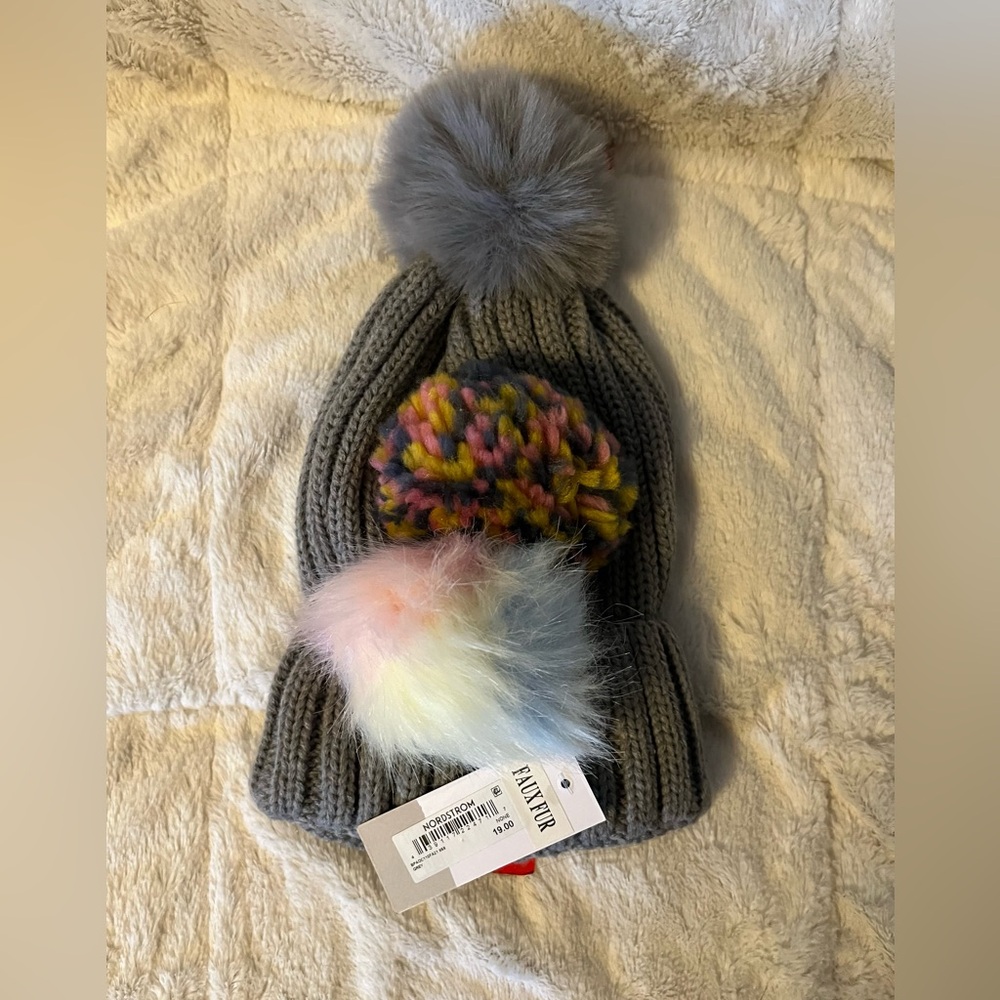 Nordstrom BP Gray Knit Winter Beanie Hat Pick-A-Pom NWT Interchangeable Snap In